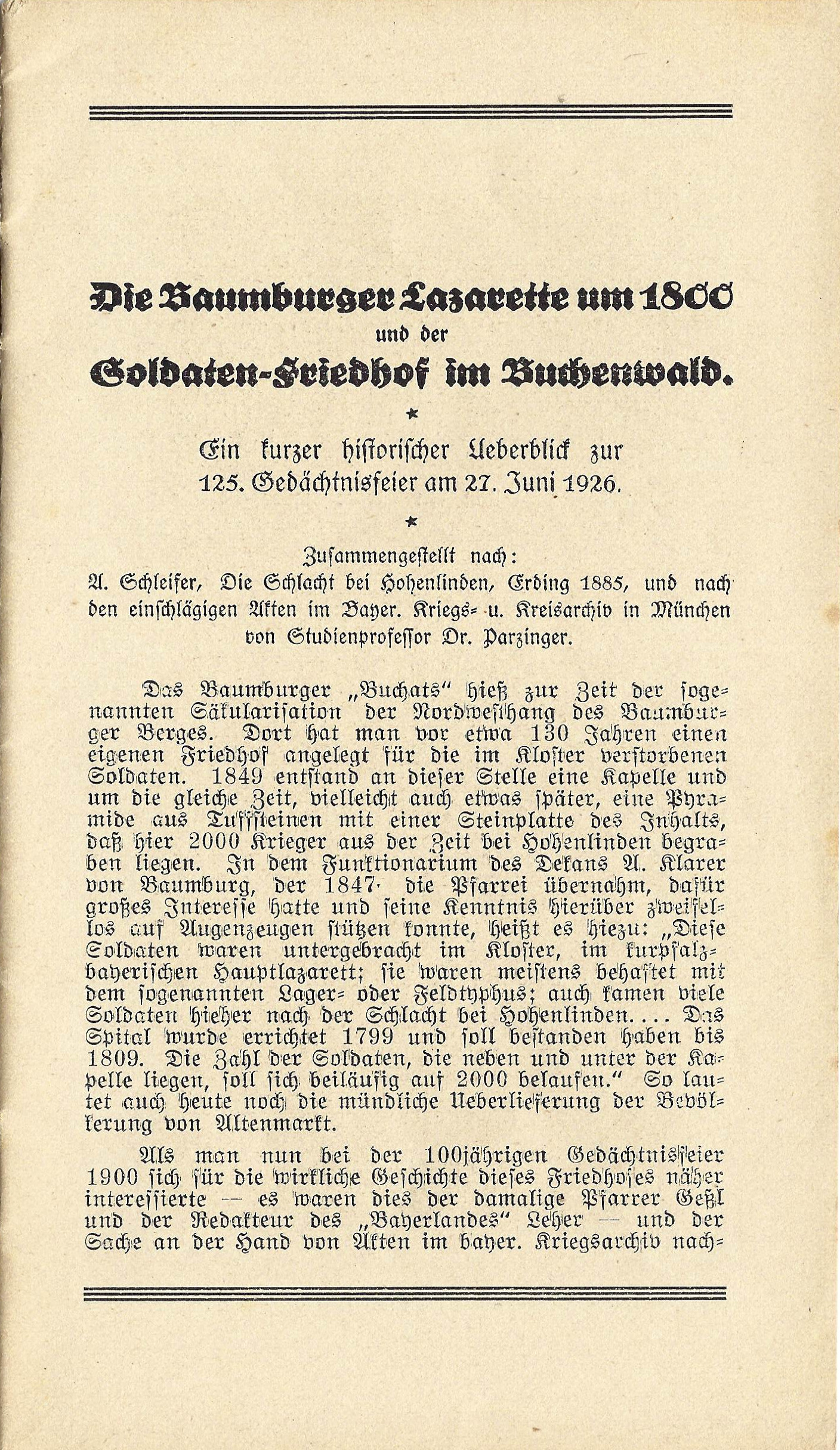 Baumburger Lazarette um 1800 und der Soldatenfriedhof im Buchenwald